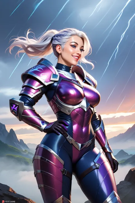 ((MTG-Phyrexian-woman, in sci-FI armor, painted silver and purple armor)), thick thighs, happy, realistic skin, realistic looking, realistic textures, outdoors, storm away in distance,