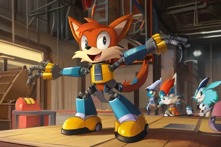 Imagine a bright, chaotic factory assembly line, full of mechanical clinks and whirrs. The camera zooms in on Foxy, reimagined in an energetic, bulky, and angular anthropomorphic style straight out of an Animaniacs cartoon. He’s built like a hybrid of a 19...