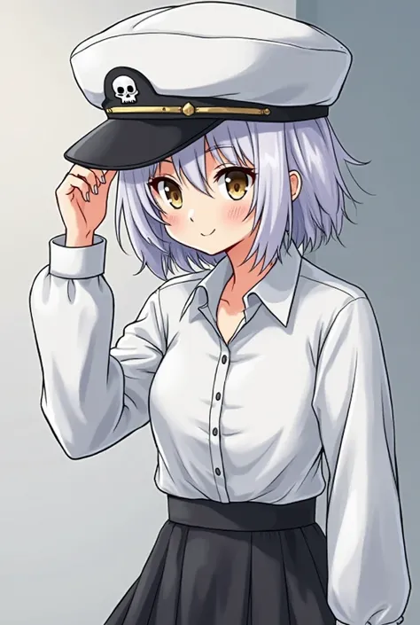 It's an anime man wearing a white captain's hat. He was wearing black flared pants, a white skull, and a white shirt, and was shyThe anime is a woman wearing a white captain's hat, with Home Cut Lace Bonnet hair, white hair, and standing shyly.