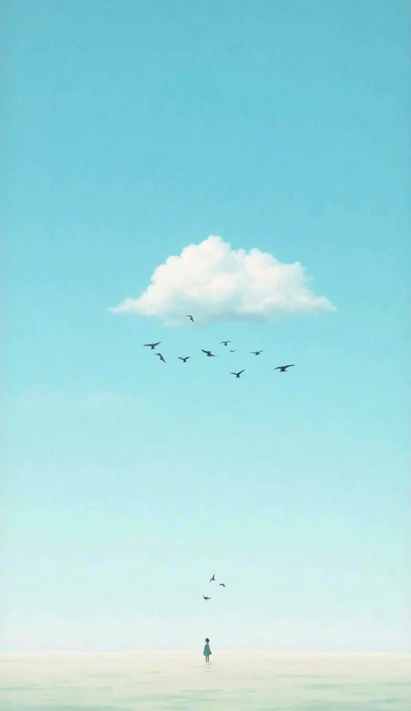 a single cloud in the sky, birds flying through the sky, 