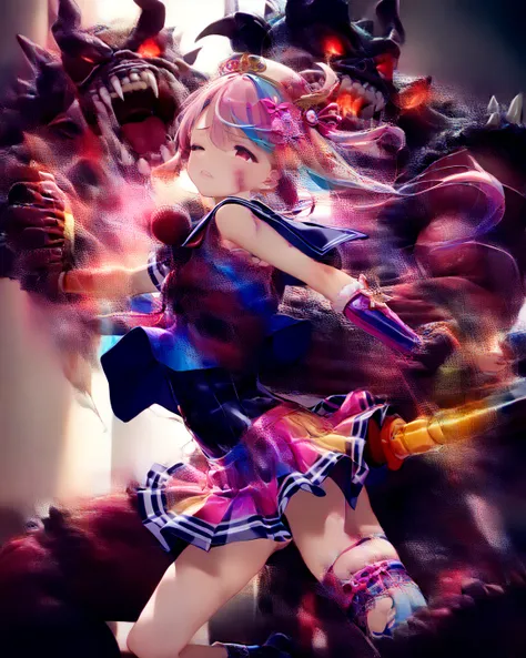  TOP QUALITY、((Ultra Fine Illustration)),(The girl&#39;s whole body is visible、 Anime Girl 、Monsters take a girl、Monsters attack a girl:1.9), high definition,  Anime Girl 、cute、detailed skin texture with hair on back of hand, detailed fabric texture,   ext...