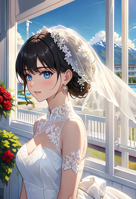 ( masterpiece), TOP QUALITY, TOP QUALITY, high-definition CG Unity 8K wallpaper,  original , high definition, (bitches line up in front of the motel: 1.5), Faithfulness: 1.3, chest, bride portrait style, 1 girl,  curtains, Veil , bridal Veil, wedding dress...