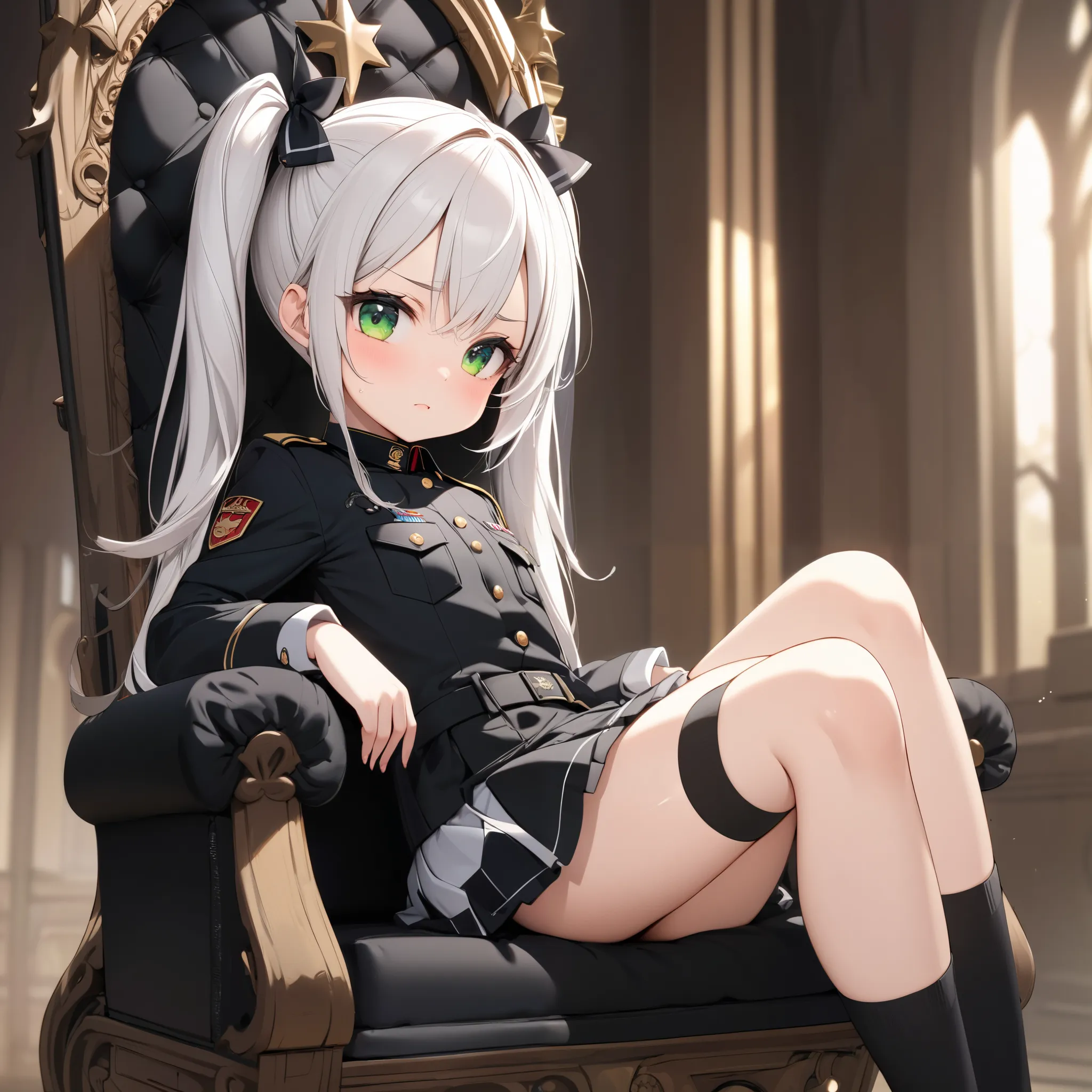 High resolution, high quality, HD, beautiful girl, 1 female, pretty, young, bratty, , loli, flat breasts, white hair, twintailed, twintail hairstyle, green eyes, black military uniform, short skirt, knee high socks, sitting on a throne