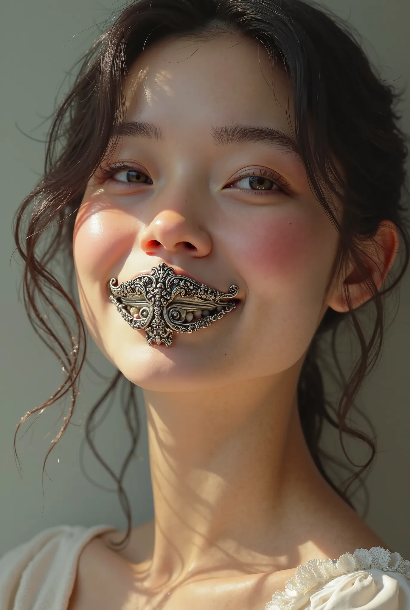 Generate a woman smiling with an intricate metal mouth gag glued to her teeth 