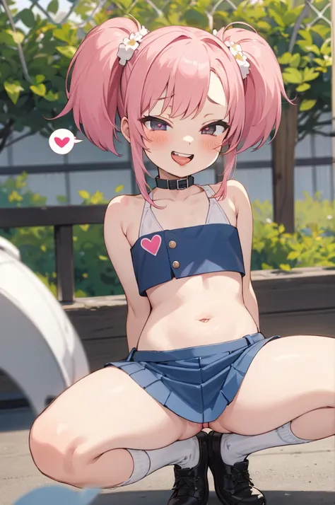 masterpiece, best quality, absurdres, 
1 girl, blush, crop top, very short skirt, socks, looking at viewer, spoken heart, 6yo, (petite), (flat chest), thigh, outdoor, grin, nsfw, open mouth, tongue, (spread legs), crouching, pink hair, twintails, 