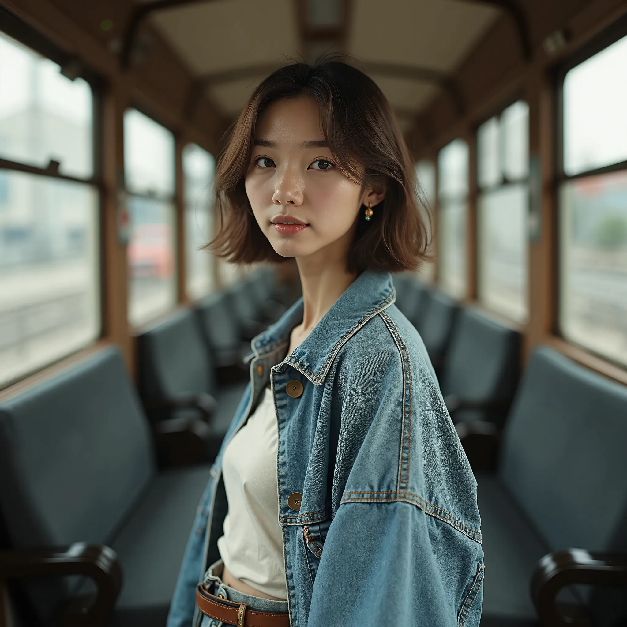 Photorealistic full-body portrait of a fabulous, film grain, Japanese woman, 25years old, Height: 165 cm, slim, full body, long face, fashion model posing, short hair, brown hair, shy smile, flirty, denim jacket, A-line skirt,  closeup, deck of old train, ...