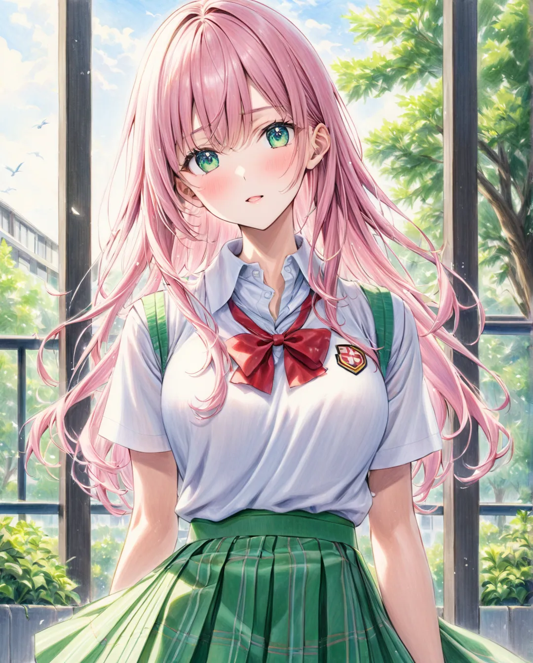 (( style:Colored pencil, Light color)), ( masterpiece:1.2), "An anime-style illustration of a girl with long, fluffy pastel pink hair that flows gently, giving a soft and airy texture. Her eyes are a striking emerald green with a mysterious glow, and her s...