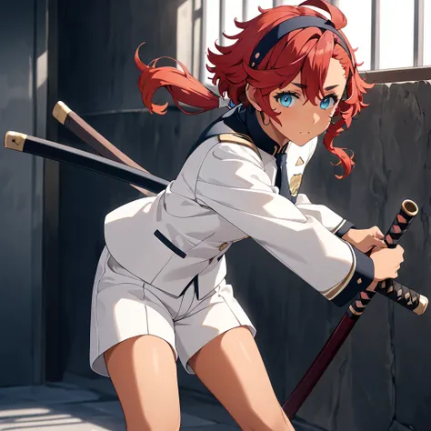 ( best quality of wells)), ((masterpiece)),suletta mercury, long hair, bangs, blue eyes, ahoge, red hair,  hairband , low ponytail, school uniform, shorts, white shorts, asticassia school uniform, white uniform, long sleeves,Battoujutsu