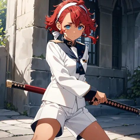 ( best quality of wells)), ((masterpiece)),suletta mercury, long hair, bangs, blue eyes, ahoge, red hair,  hairband , low ponytail, school uniform, shorts, white shorts, asticassia school uniform, white uniform, long sleeves,Battoujutsu