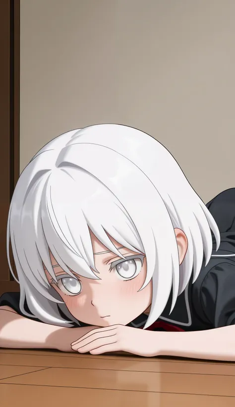 1Little girl, high resolution,  short hair ,  white hair, White eyes, Anime, สไตล์Anime, The posture is crawling on the floor.