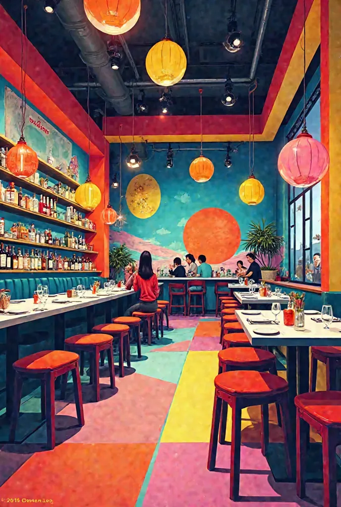 Pop art style restaurant interior illustration