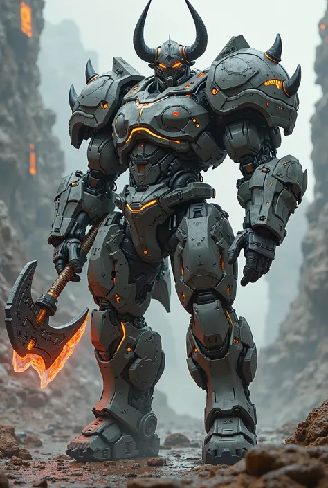 A muscular mecha barbarian in powerful mecha armor, horned helmet , details,   Masterpiece ,  stands at full height , holds a huge cyber ax with a glowing blade