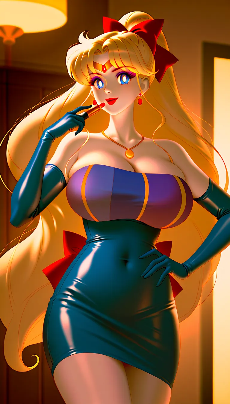 score_9,score_8_up ,score_7_up , very beautiful girl,    Masterpiece,    Hi-Res,    shiny clothes,   cute,1 girl, Atsugessho:5.0,(Minako Aino\(Sailor Moon\)):4.5,   Heavy makeup,    long hair, (   Gold hair:1.1),  (   white skin:1.3), , Red gem on forehead...