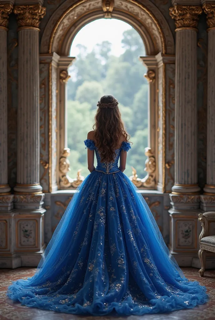 Photo of a beautiful princess inside a castle looking out the window wearing a shimmering royal blue dress with brown hair 