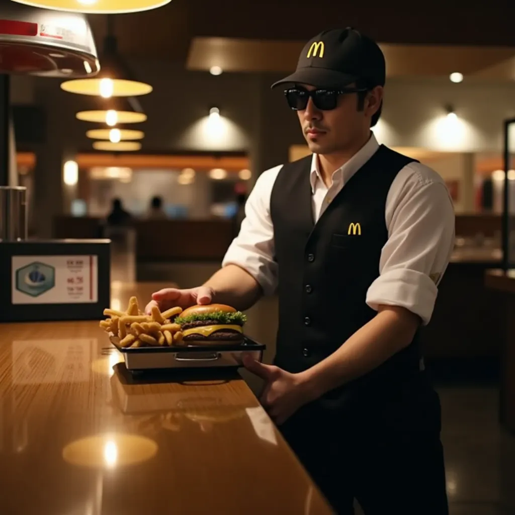 ultra-realistic, photorealistic, dramatic scene, a super cool Businessman, manager in a super business man-suits with a bag and a sunglass, wearing a uniform of black vest on the white shirt, cap with inverted McDonald's logo, He is riding a horse, He is a...