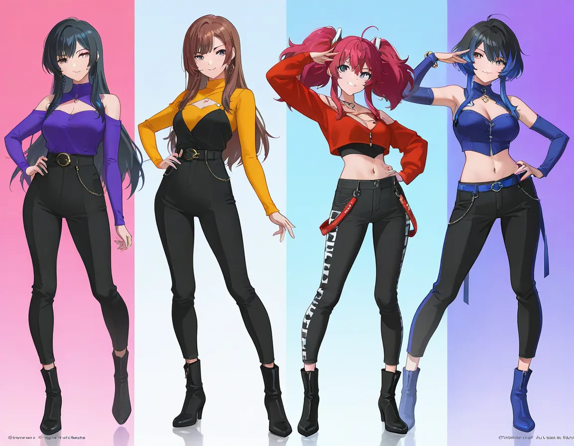 (3 adult girls), anime characters, outfit designs, diverse outfits, character design, outfit design, pose, different hair color, 
