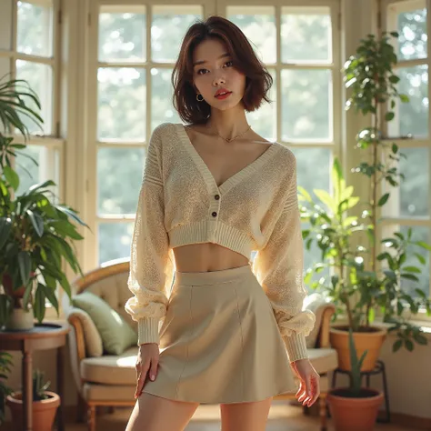 Photorealistic full-body portrait of a fabulous, film grain, Japanese woman, 25years old, Height: 165 cm, slim, full body, long face, fashion model posing, short hair, brown hair, flirty, Cropped knit sweater, A-line skirt, sunroom