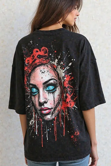 Images of t-shirts and sweaters oversize urban styles with fashionable designs, with black or white t-shirt background, for private label, classic but urban type with spontaneous and striking designs, graffiti, cartoons, cartoon etc...