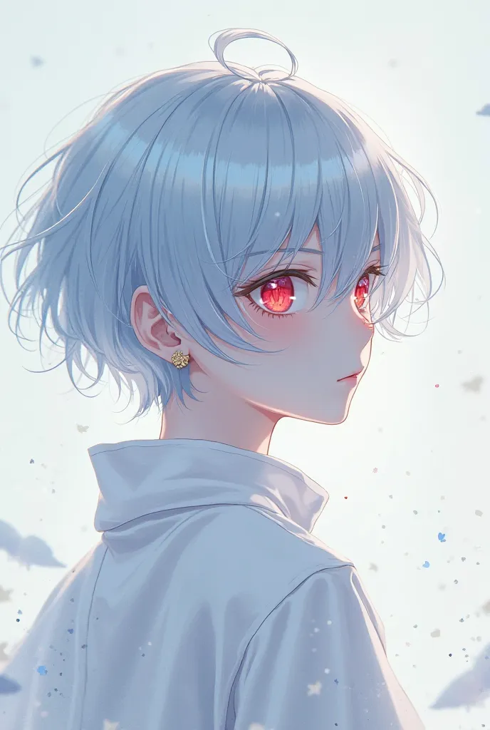  An anime boy ,  Silver-blue hair ,  her eyes are red , your skin is pale, his clothes are white.
