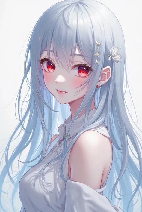 An anime girl, long silvery-blue hair,  her eyes are red , your skin is pale, his clothes are white.
