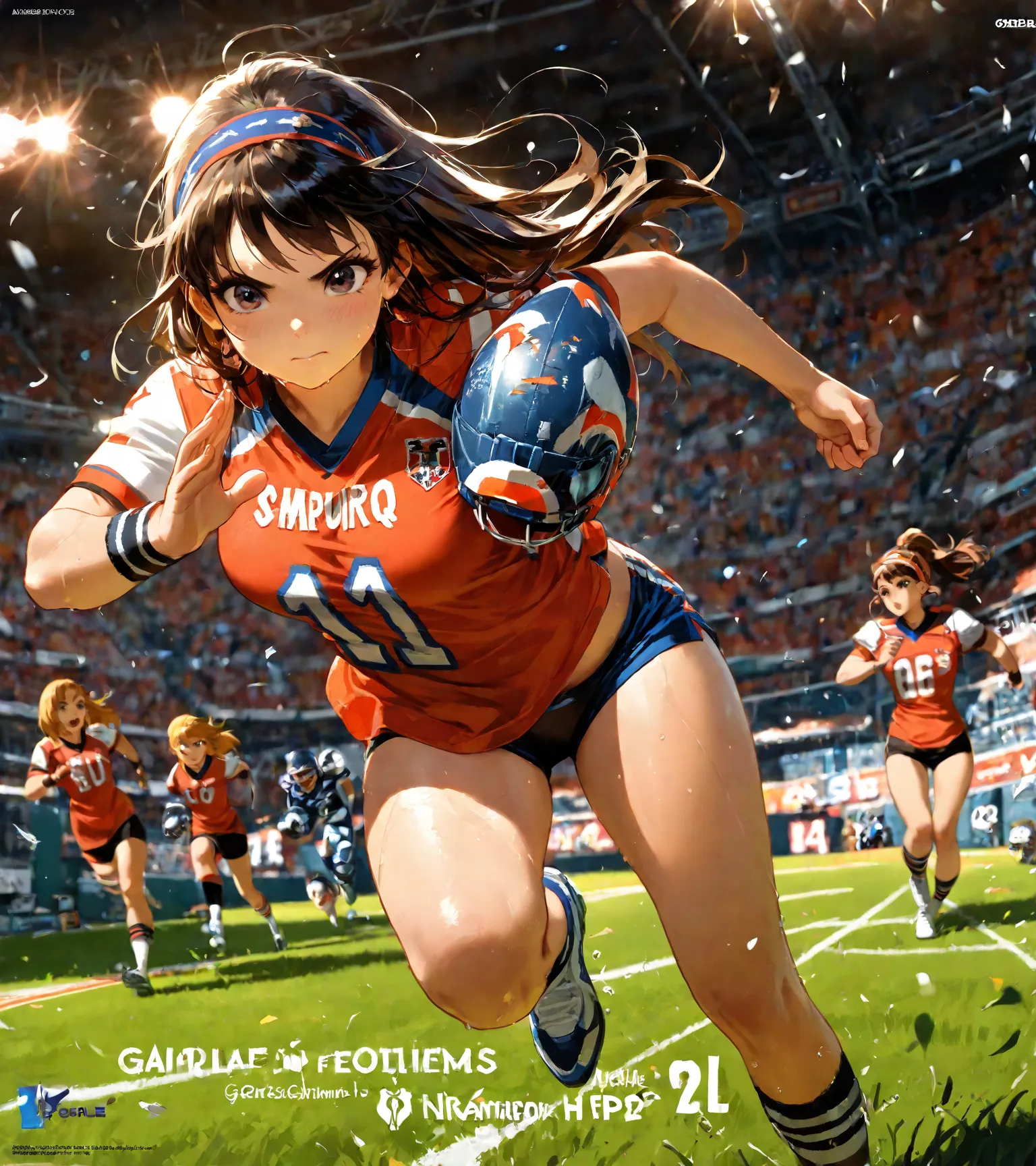 4K, A group of girls, American football Team, NFL female, chubby beauty girls, girls footballers, one of them. (The QB) Is holding the football's ball, running, in a Stadium, ready for touchdown, Wearing footballers clothes, Very well detailed , (best qual...