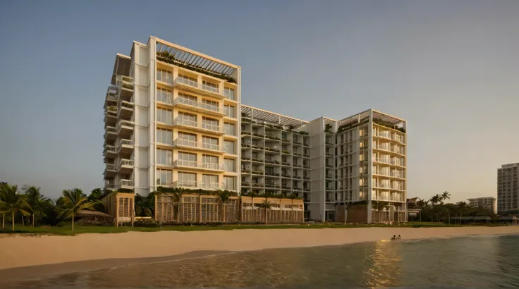 (((Create two building has 7 storeys & 16 storey,Modent style luxury condotel))), ((seawall front building)), (white wave structure) coconut trees, (modern building on the coast of the sea), clear sky, day time, warm lighting RAW Photo, RAW texture, Super ...