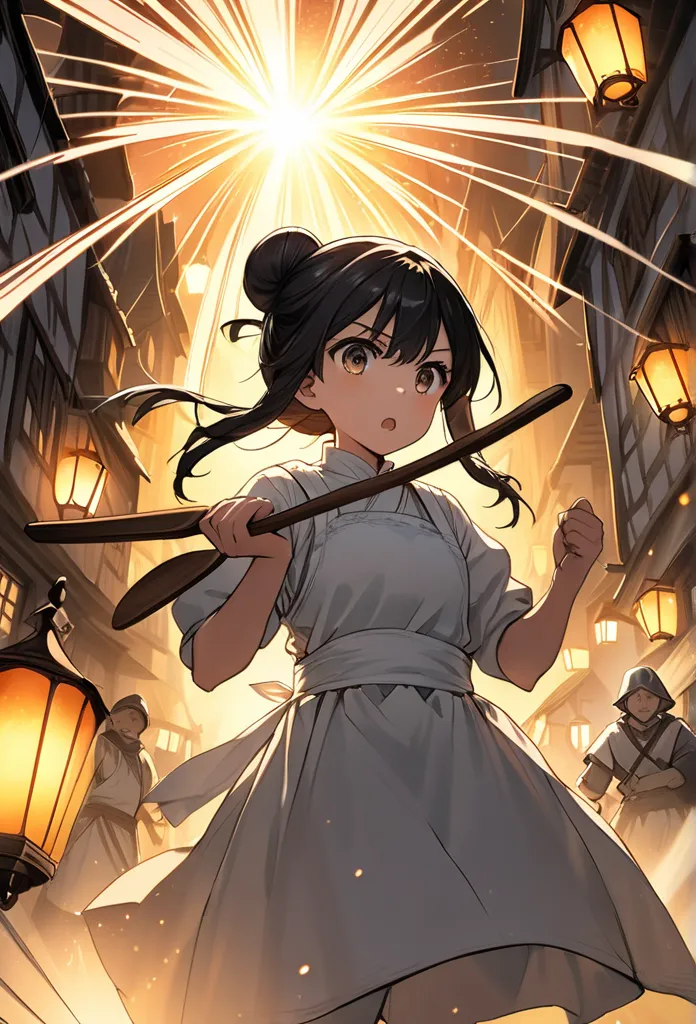 (masterpiece, best quality, ultra-detailed), (cinematic lighting, dynamic composition),  
(RPG fantasy town with cobblestone streets, medieval European-style buildings, warm glowing lanterns),  
(a young girl in a traditional white kappougi apron over a si...