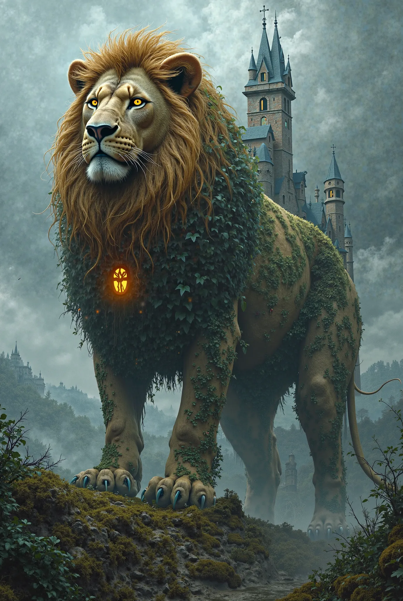 A magnificent hybrid creature combining a lion and a gothic manor. Its body is a massive lion with a flowing golden mane, but its back seamlessly merges into the structure of an ancient, ivy-covered mansion. Glowing windows resemble the lion’s eyes, and it...