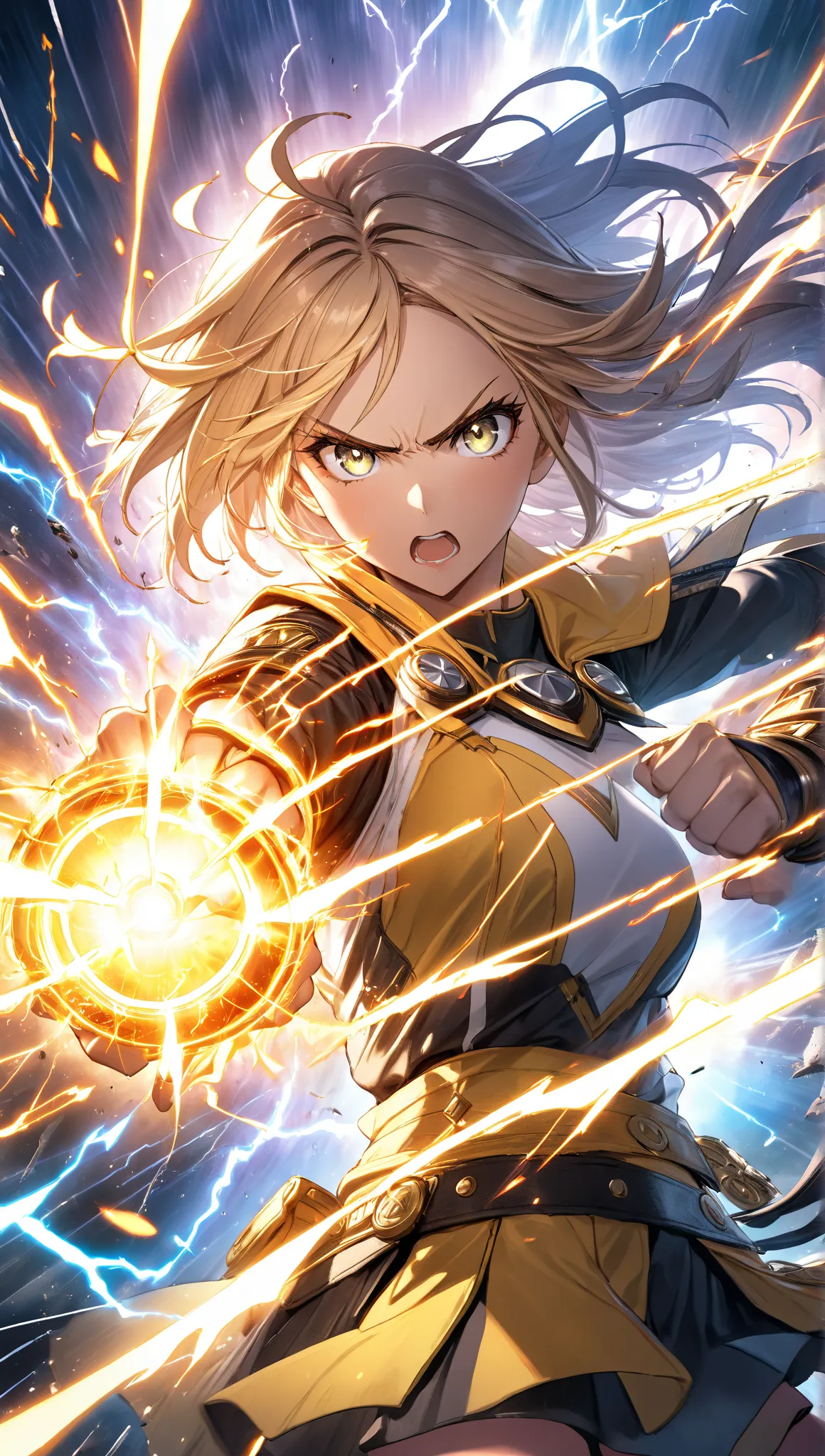 A fierce and powerful female warrior unleashing a devastating energy attack, inspired by the "Lightning Plasma" technique. She has an intense and determined expression, with her eyes glowing with raw energy. Her fists move at lightning speed, generating co...