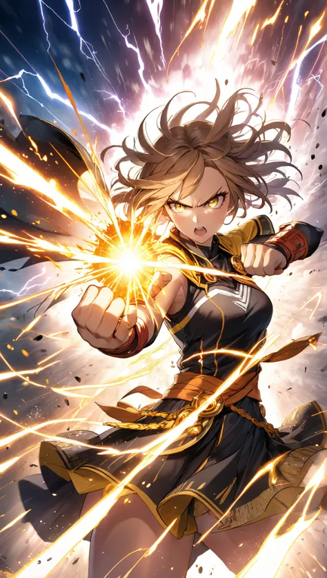 A fierce and powerful female warrior unleashing a devastating energy attack, inspired by the "Lightning Plasma" technique. She has an intense and determined expression, with her eyes glowing with raw energy. Her fists move at lightning speed, generating co...