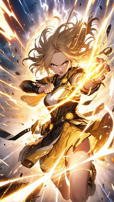 A fierce and powerful female warrior unleashing a devastating energy attack, inspired by the "Lightning Plasma" technique. She has an intense and determined expression, with her eyes glowing with raw energy. Her fists move at lightning speed, generating co...