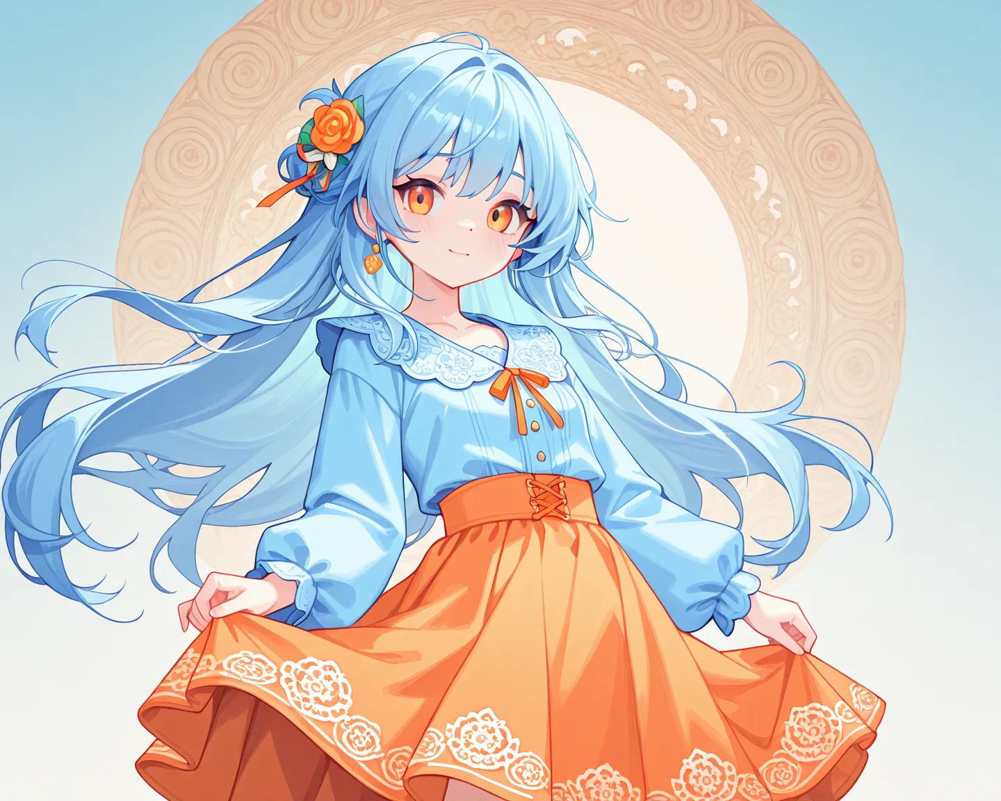 1girl, softcore anime aesthetic, natural medium skin, shoulder-length pastel blue hair with soft waves, warm vivid orange eyes, pastel blue blouse with intricate orange embroidery, matching pastel orange skirt, delicate accessories, subtle blush, relaxed e...