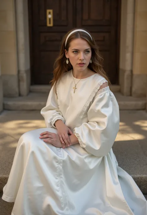 Ultra realistic gorgeous 21-year-old German brunette altar boy ,  beautiful eyes .  long brown hair with wavy hair .     hairband    ,  Cross necklace , long shiny white satin altar dress with tight closed lace collar around the neck and white long satin s...