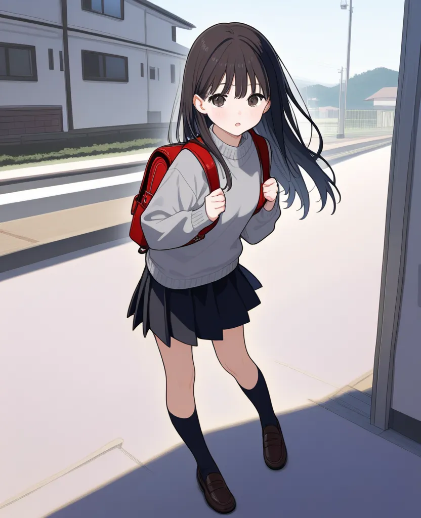 girl on her way home from school　 black long hair　Grey Sweaters　 black skirt　 brown backpack　Black socks　Walking through a residential area　 back view