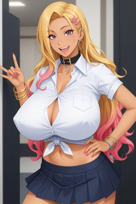  KJomarin , blond hair,  long hair, ojos rosados,  earrings, ear piercing, multicolored hair, score_9, score_8_arriba, score_7_arriba,   source  _animated, masterpiece,the best quality, huge breasts, collared shirt,  Tied shirt ,  pleated skirt , arreglo s...