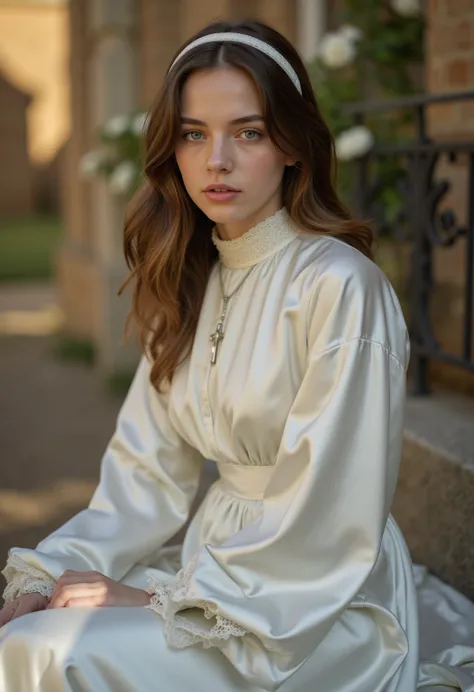 Ultra realistic gorgeous 21-year-old German brunette altar boy ,  beautiful eyes .  long brown hair with wavy hair .     hairband    ,  Cross necklace , long shiny white satin altar dress with tight closed lace collar around the neck and white long satin s...