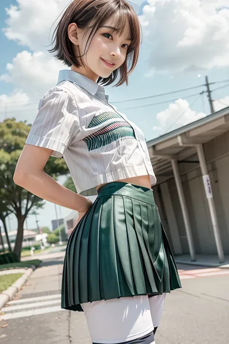 2 girls at school, Walking through school,  (white blouse)、(pleated green micro miniskirt uniform:1.3),bangs,smile, ( thighs) , big breast, video viewers, ( low angle:1.2),(colored leggings with horizontal stripes underneath the micro miniskirt:1.3), ((hor...