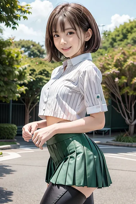 2 girls at school, Walking through school,  (white blouse)、(pleated green micro miniskirt uniform:1.3),bangs,smile, ( thighs) , big breast, video viewers, ( low angle:1.2),(colored leggings with horizontal stripes underneath the micro miniskirt:1.3), ((hor...