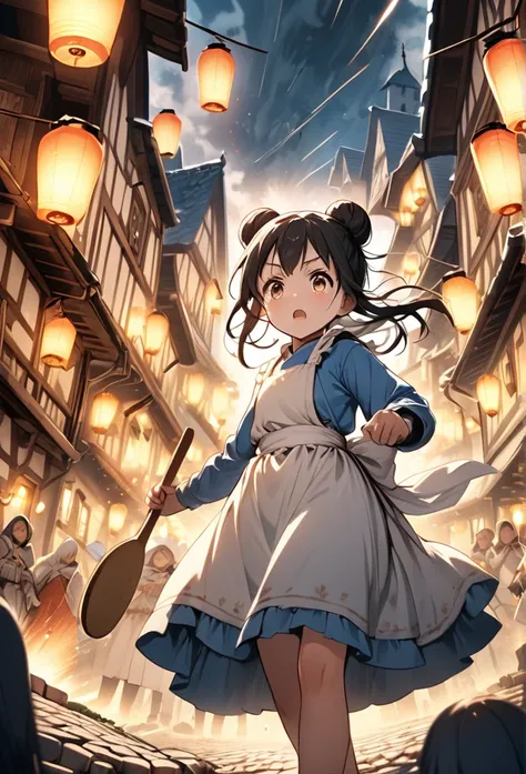 (masterpiece, best quality, ultra-detailed), (cinematic lighting, dynamic composition),  
(RPG fantasy town with cobblestone streets, medieval European-style buildings, warm glowing lanterns),  
(a young girl in a traditional white kappougi apron over a si...