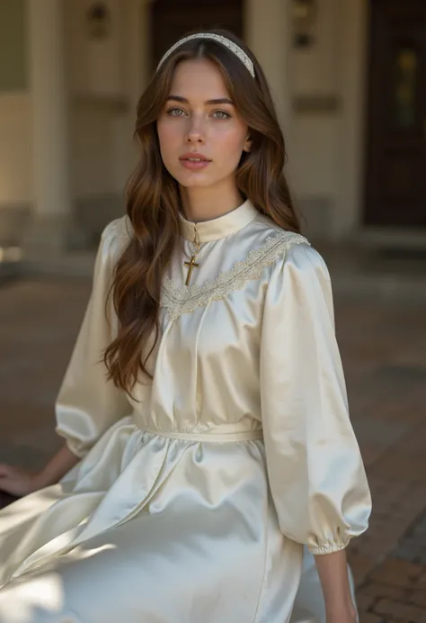 Ultra realistic gorgeous 21-year-old German brunette altar boy ,  beautiful eyes .  long brown hair with wavy hair .     hairband    ,  Cross necklace , long shiny white satin altar dress with tight closed lace collar around the neck and white long satin s...