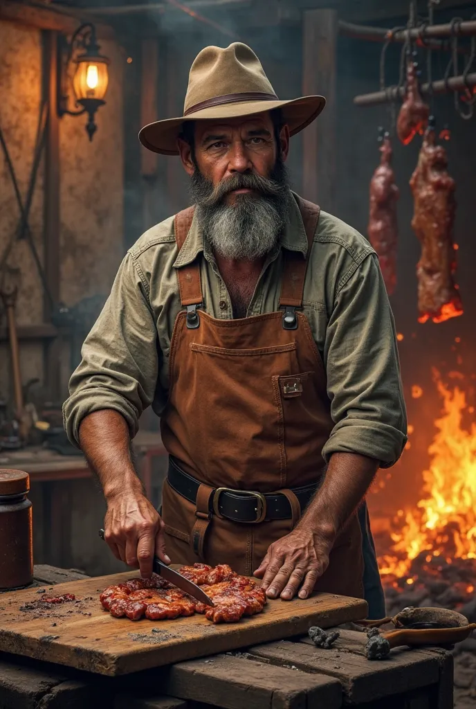 40-year-old Colombian carpenter with a beard, leather apron and hat, in an environment of roasts and grills with fire, using a thick wooden board to cut meat