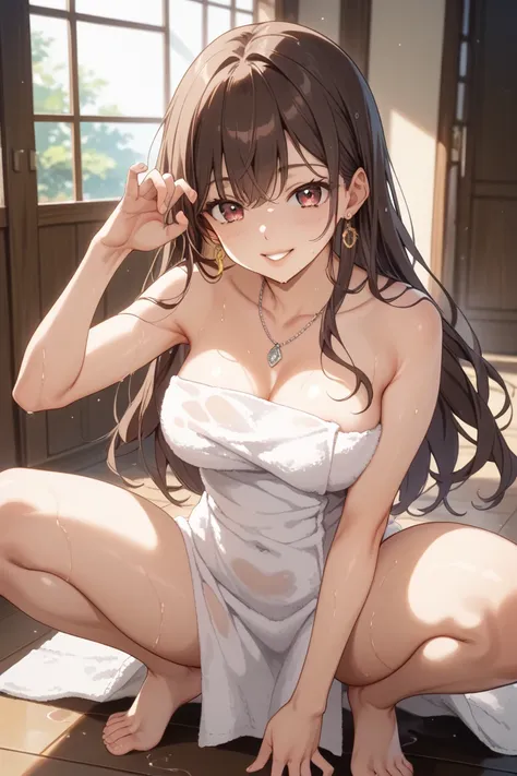  anime style、  one woman、pink lips、bangs、 straight long hair 、 dark brown hair、 、skinny、Anino Brest、 silver necklace 、Cool eyes、brown eyes、one yellow earring、shame、、 smile、 naked towel 、Fluffy towel 、sweat、 steam、bedroom、pow pose、 from front、squatting on f...