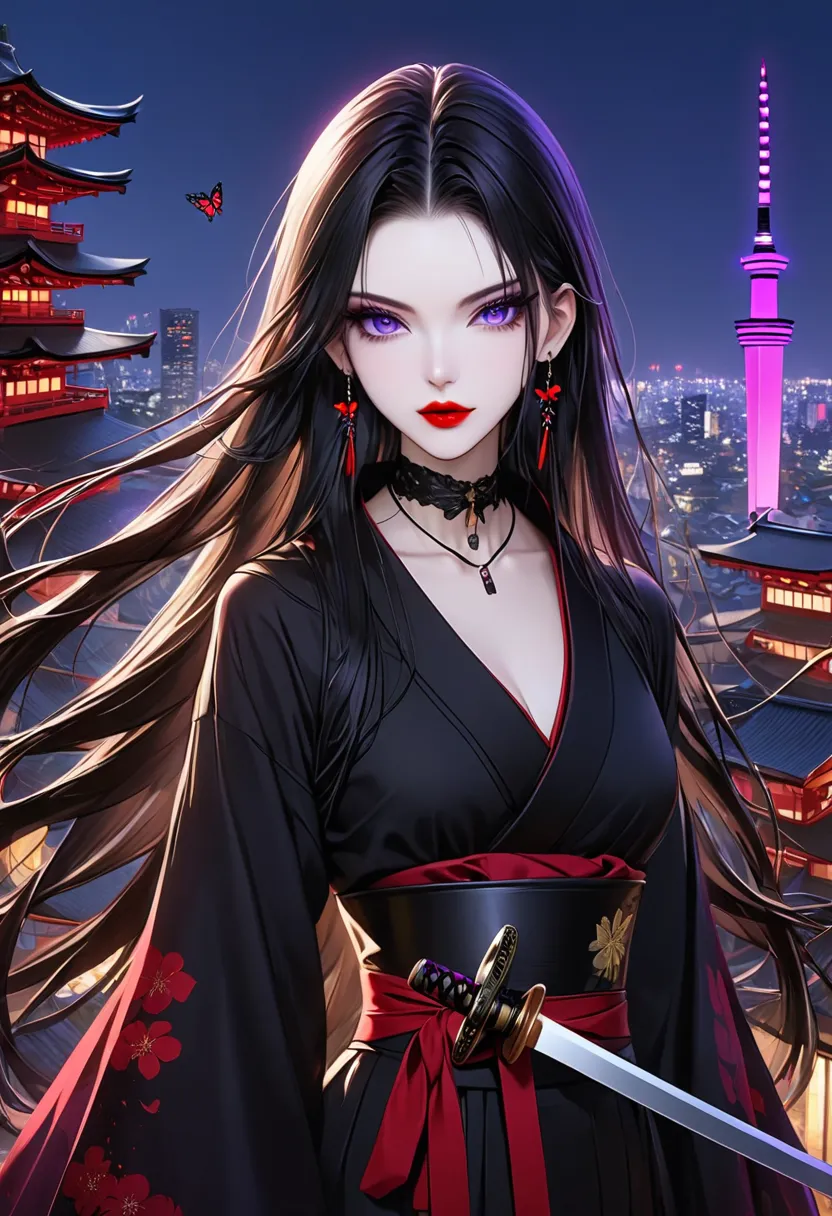 Mibu Shiri

Black long hair straight hair with purple mesh。Pity Purple Eyes 。 white skin。 red lips。 Smooth nose muscles 。Sharp impression。An enchanting beauty with a slender figure 。 Owner with a Mysterious and Unconventional Atmosphere 。purple open collar...