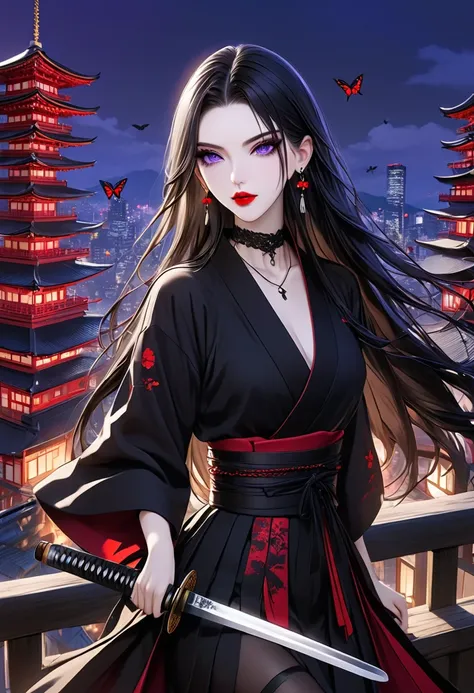 Mibu Shiri

Black long hair straight hair with purple mesh。Pity Purple Eyes 。 white skin。 red lips。 Smooth nose muscles 。Sharp impression。An enchanting beauty with a slender figure 。 Owner with a Mysterious and Unconventional Atmosphere 。purple open collar...