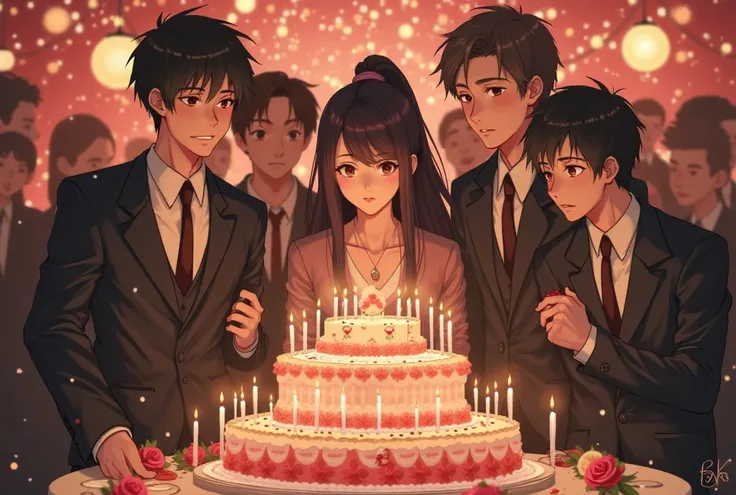 Generated a good image of a Japanese family of 3 brothers 18 year old teenager 
A 21-year-old mother with stylish artificial hair and charismatic powerful red eyes are in town celebrating a birthday with gigantic cakes are in a big room with lots of people...