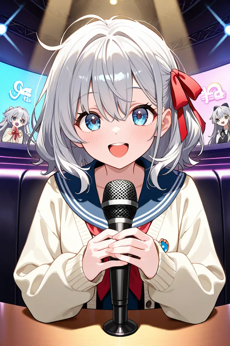 masterpiece,TOP QUALITY,Super Detail,8k, upper body up　１girls, long gray hair on human hands　Messy Hair　 inner color　 blue eyes　cute smile up to the knee　cream long sleeve cardigan　red ribbon karaoke　　 Singing with a Microphone 　 Karaoke Room Across Her 　s...