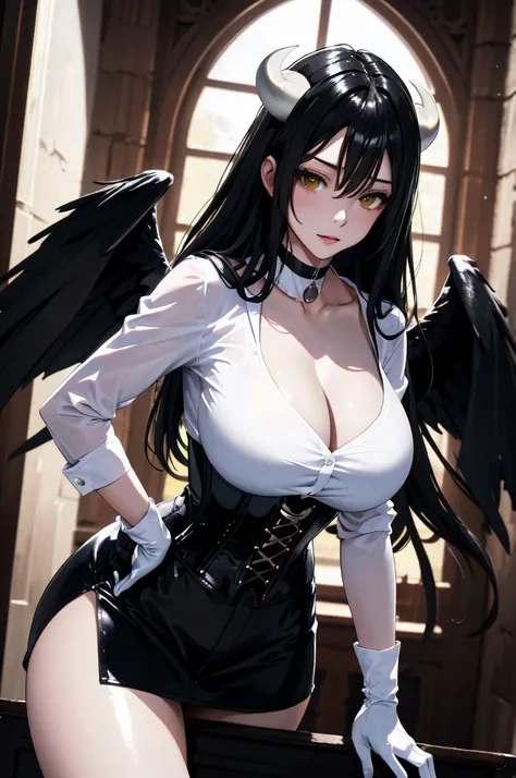  A high resolution ,  masterpiece pixiv , ((intricate details)), hand, 1 girl, dynamic pose, BLACK WINGS,  choker : 1.6, ((Long sleeve white shirt)), (black leather corset), (( shiny black miniskirt )), ( black gloves ), (full body), big breasts,  beautifu...