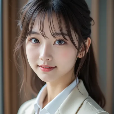 8k,Ultra High Definition , TOP QUALITY, masterpiece,rule of thirds,golden ratio,surreal, photos, one woman,( girls on the left:1.3),cute,cute顔, Beautiful Eyes in Every Detail , 細かくexhaustive,mature woman, princess,close up,smile, black hair,Pulled back...