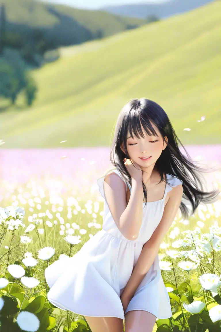  images、1 girl,  long hair,  black hair, high definition, anatomically correct, TOP QUALITY, textured skin, Shiny Hair, Hair Fluttering in the Wind, smiles,  naughty,  elementary school student、pure、cute、 Light Colored Dress、Short skirt、Flower Field、Hair F...