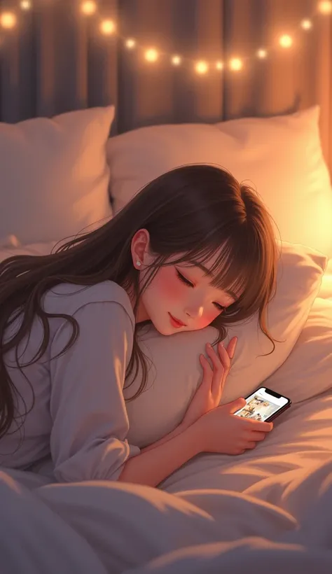 A warm and dreamy anime-style illustration of a 23-year-old woman lying on her bed at night, hugging a pillow with a soft smile on her face. Her long brown hair spreads across the pillow, and the dim light from fairy lights in her bedroom casts a cozy glow...